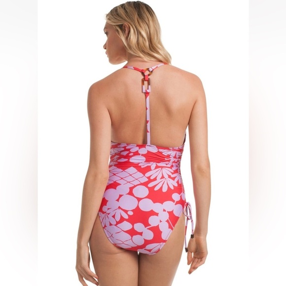 Trina Turk Bali Blossom Red Lavender High Leg One Piece Swimsuit $154 - Picture 3 of 9